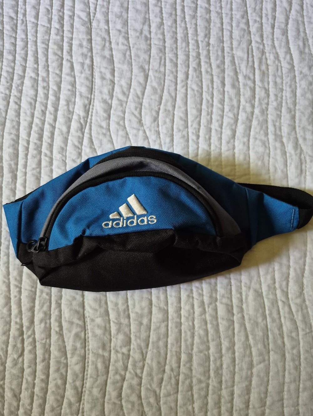Vintage adidas Blue and Black Waist Bag with Gray Trim